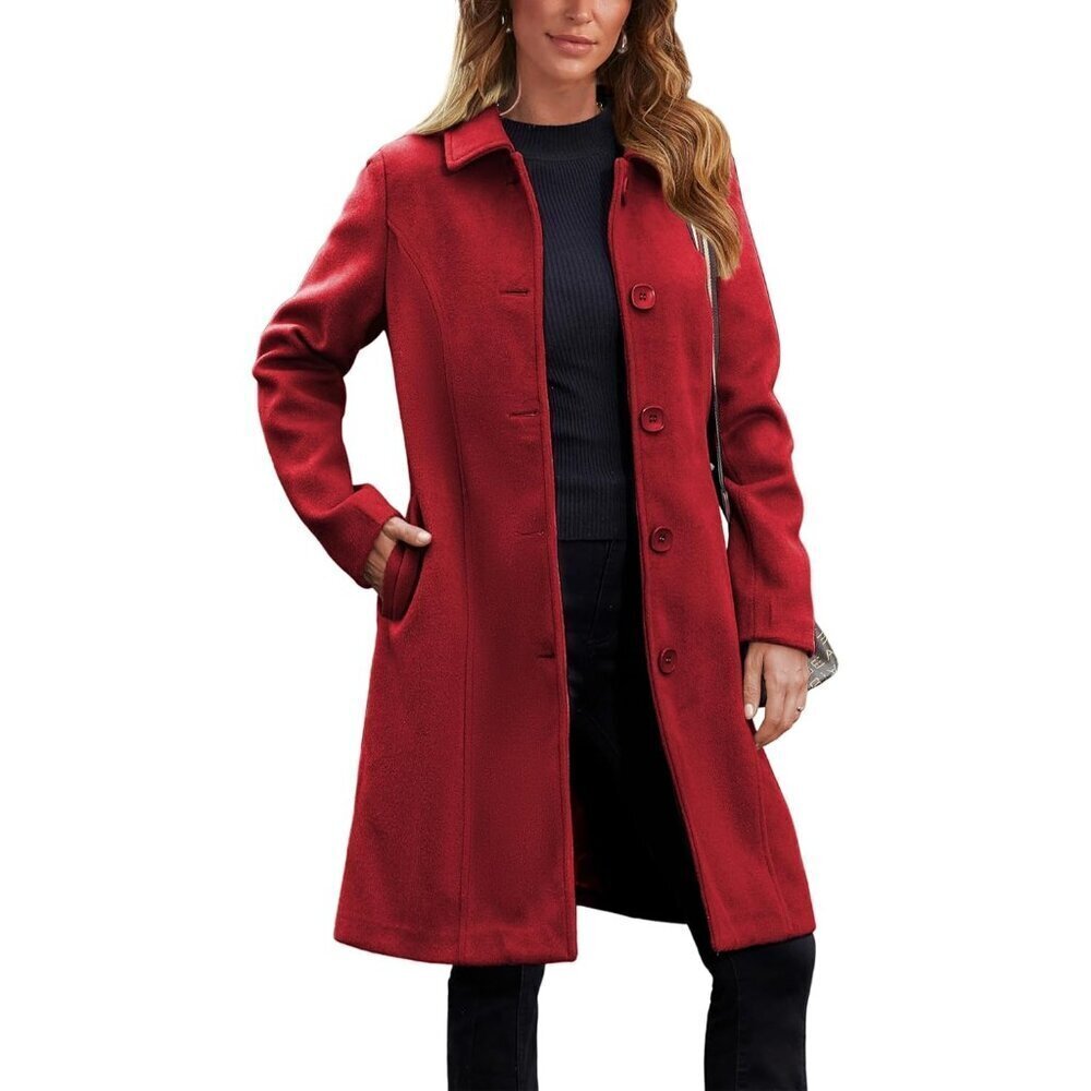 🆕Women's Red Pea Coat Single Breasted Winter Coat Dress Coat with Pockets